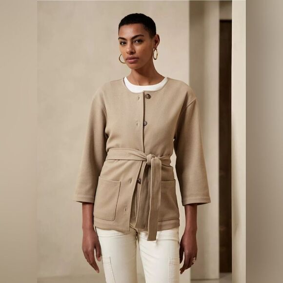 Banana Republic Womens Size XXS Petite Twill Knit Belted Jacket Tan Camel - Picture 1 of 7